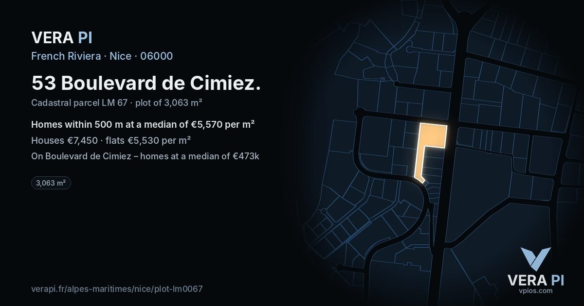 53 Boulevard de Cimiez, Nice at night – the plot lit, the parcels around coloured by the prices near them