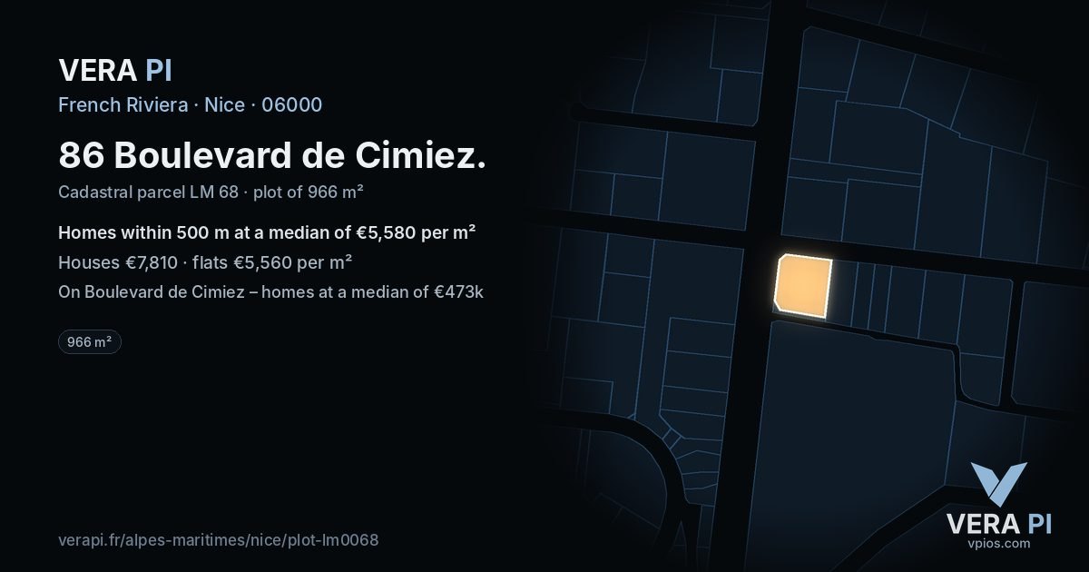 86 Boulevard de Cimiez, Nice at night – the plot lit, the parcels around coloured by the prices near them