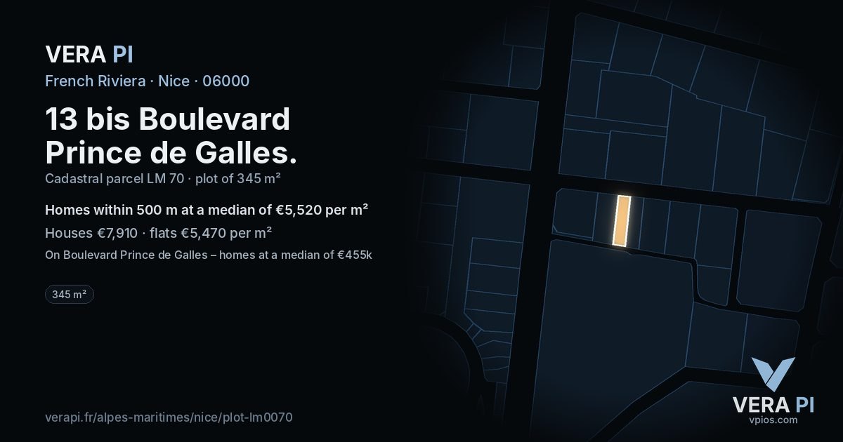 13 bis Boulevard Prince de Galles, Nice at night – the plot lit, the parcels around coloured by the prices near them