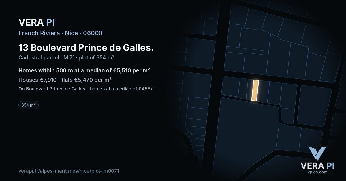 13 Boulevard Prince de Galles, Nice at night – the plot lit, the parcels around coloured by the prices near them