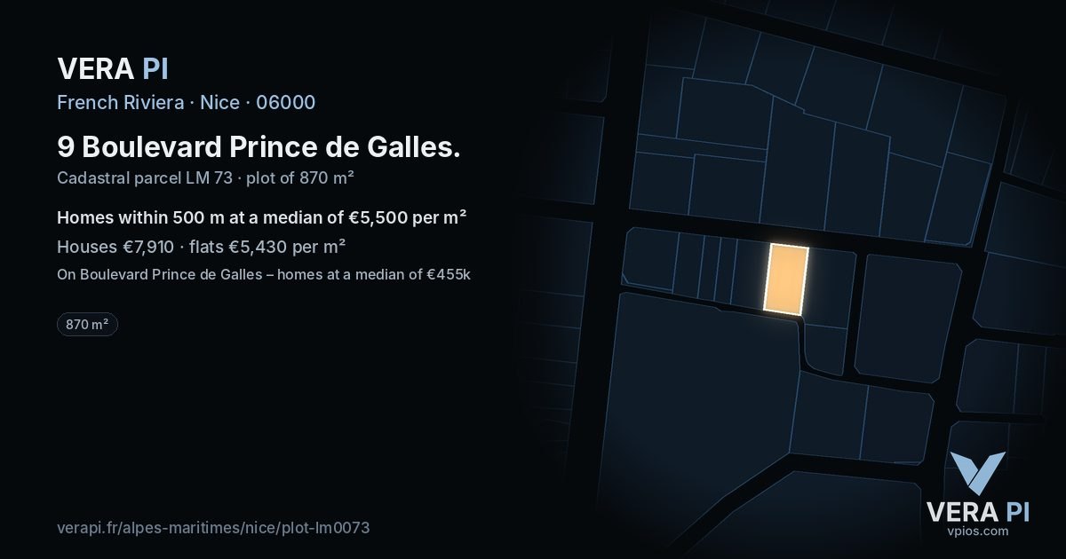 9 Boulevard Prince de Galles, Nice at night – the plot lit, the parcels around coloured by the prices near them