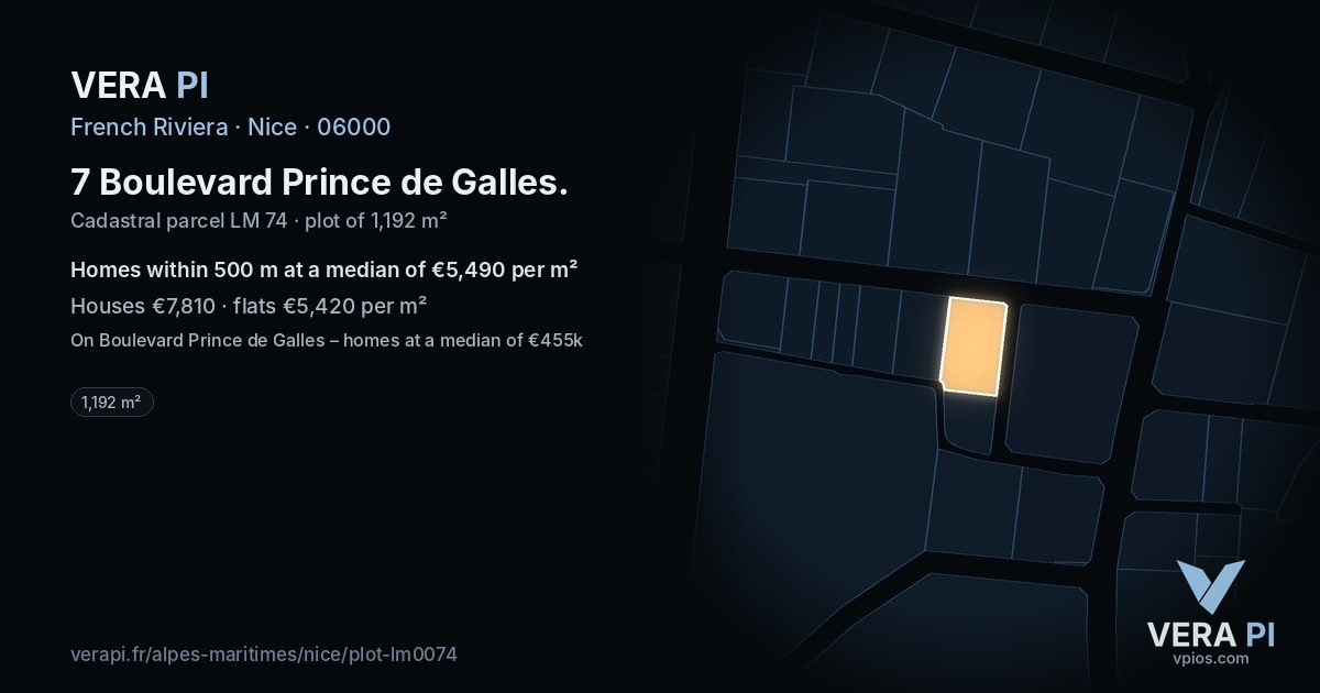 7 Boulevard Prince de Galles, Nice at night – the plot lit, the parcels around coloured by the prices near them
