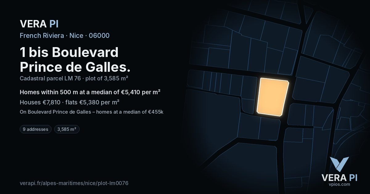 1 bis Boulevard Prince de Galles, Nice at night – the plot lit, the parcels around coloured by the prices near them