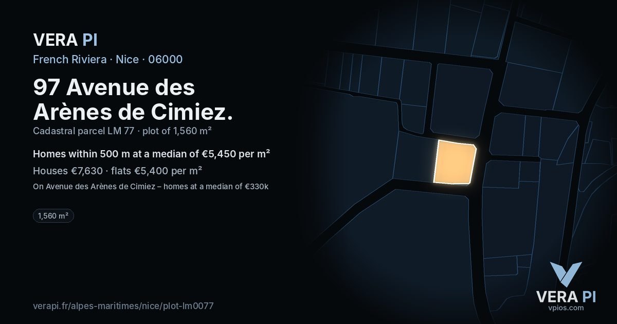 97 Avenue des Arènes de Cimiez, Nice at night – the plot lit, the parcels around coloured by the prices near them