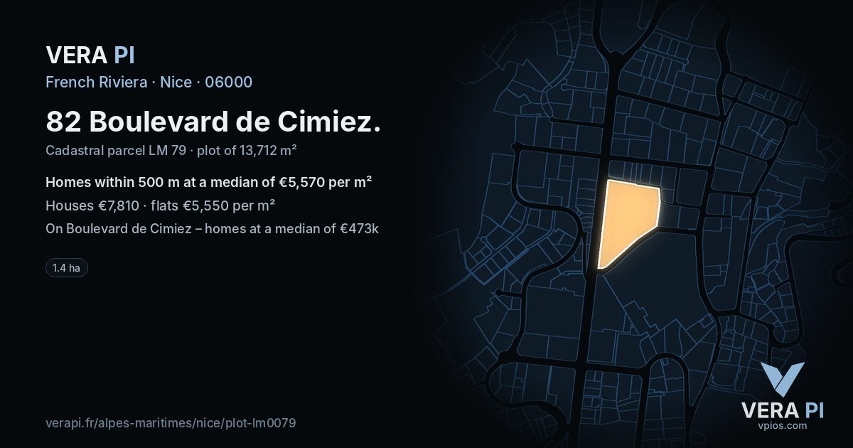 82 Boulevard de Cimiez, Nice at night – the plot lit, the parcels around coloured by the prices near them
