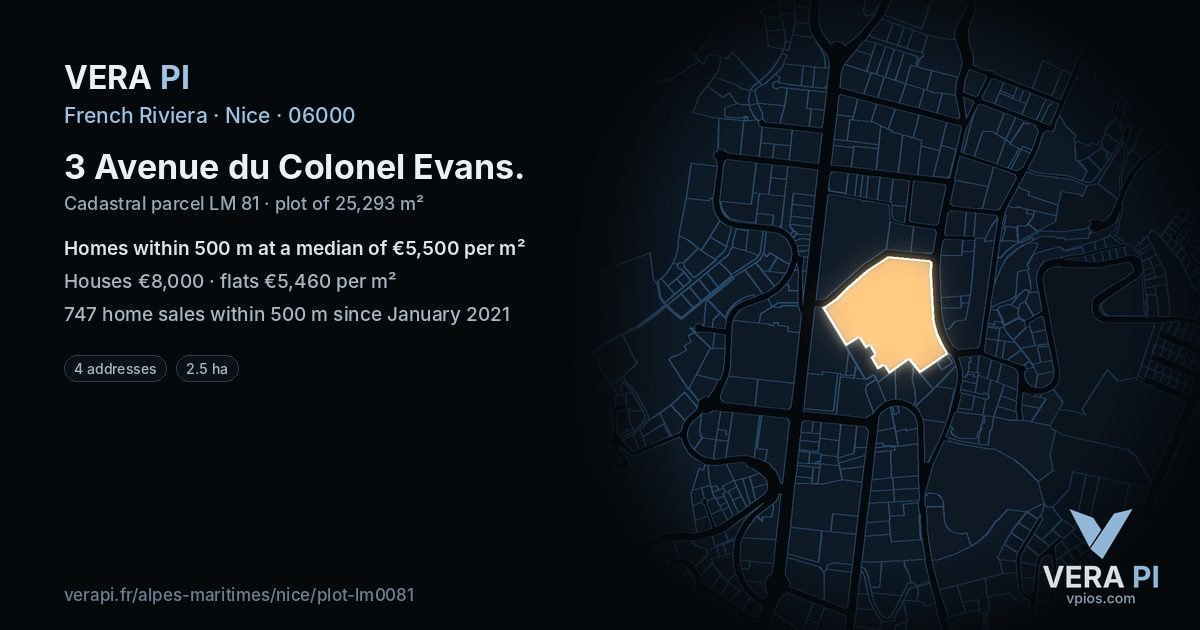 3 Avenue du Colonel Evans, Nice at night – the plot lit, the parcels around coloured by the prices near them