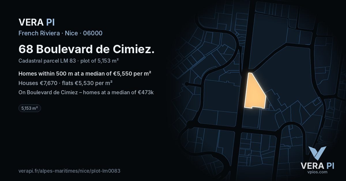 68 Boulevard de Cimiez, Nice at night – the plot lit, the parcels around coloured by the prices near them