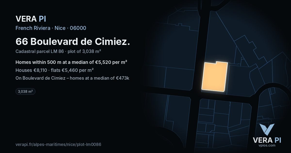 66 Boulevard de Cimiez, Nice at night – the plot lit, the parcels around coloured by the prices near them