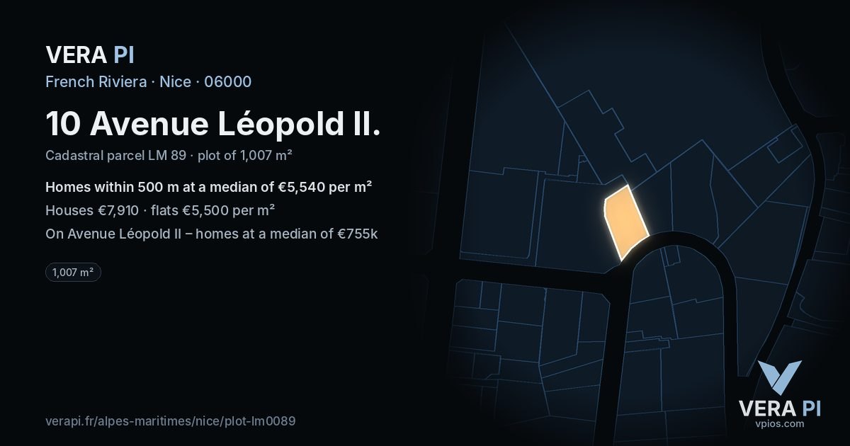 10 Avenue Léopold II, Nice at night – the plot lit, the parcels around coloured by the prices near them