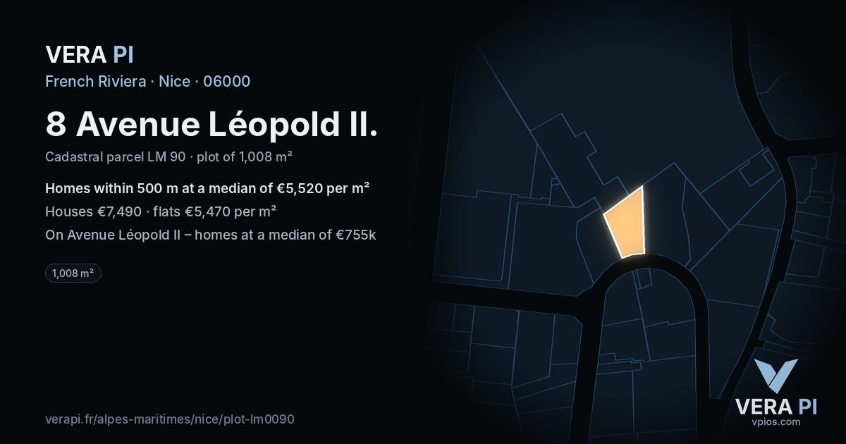 8 Avenue Léopold II, Nice at night – the plot lit, the parcels around coloured by the prices near them
