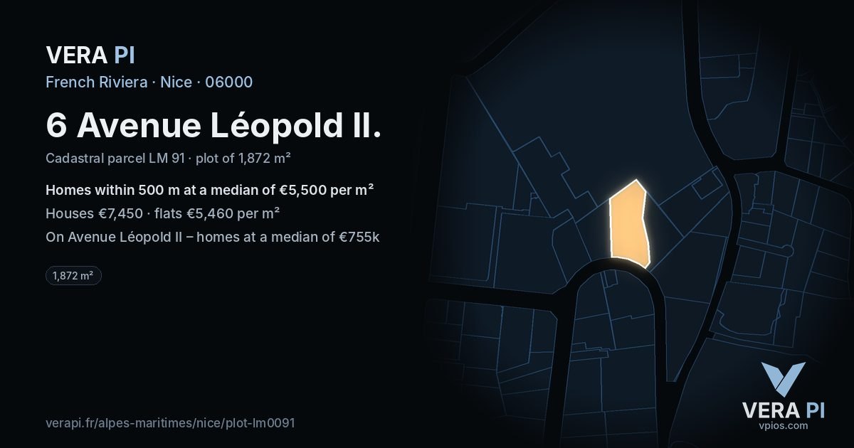 6 Avenue Léopold II, Nice at night – the plot lit, the parcels around coloured by the prices near them