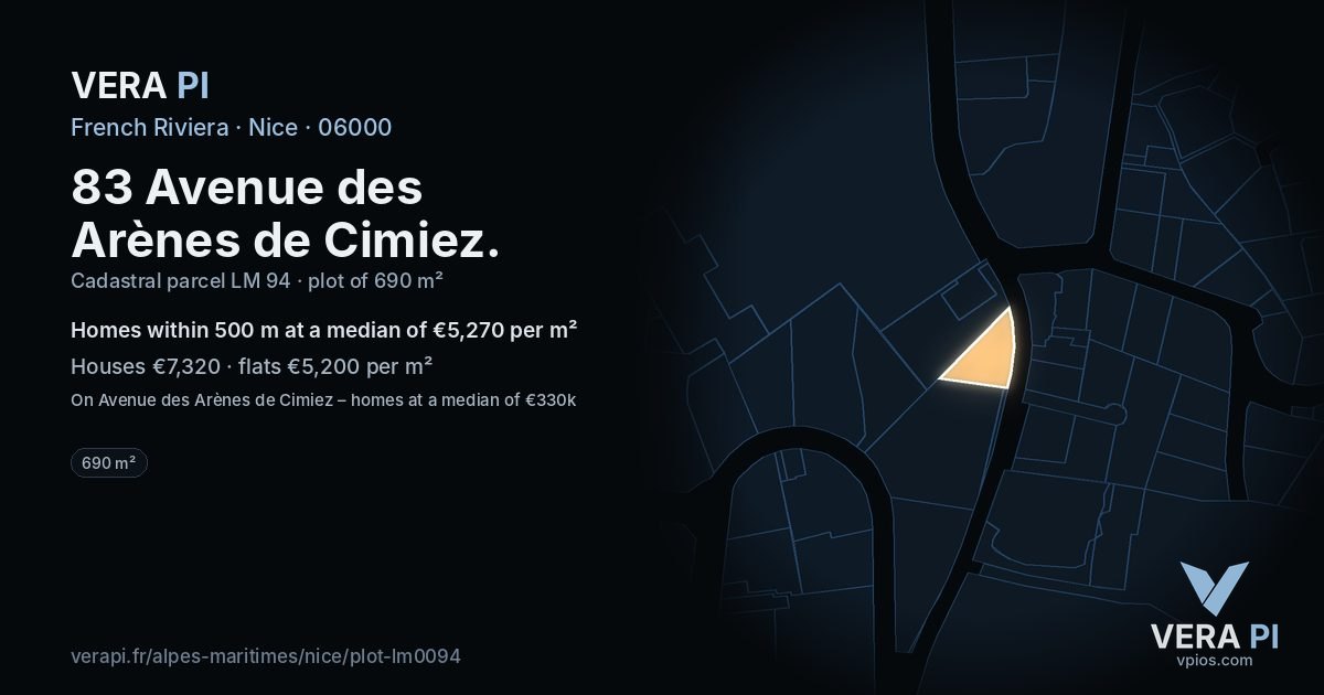 83 Avenue des Arènes de Cimiez, Nice at night – the plot lit, the parcels around coloured by the prices near them