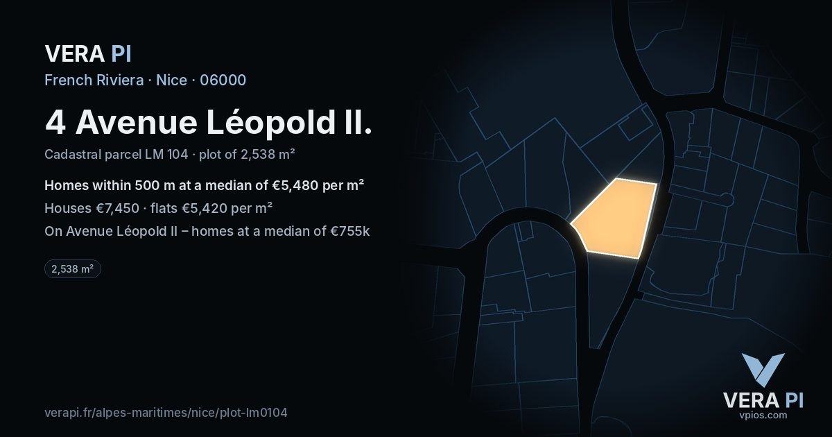 4 Avenue Léopold II, Nice at night – the plot lit, the parcels around coloured by the prices near them