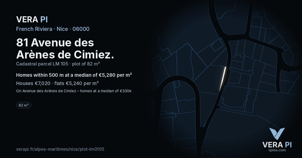 81 Avenue des Arènes de Cimiez, Nice at night – the plot lit, the parcels around coloured by the prices near them