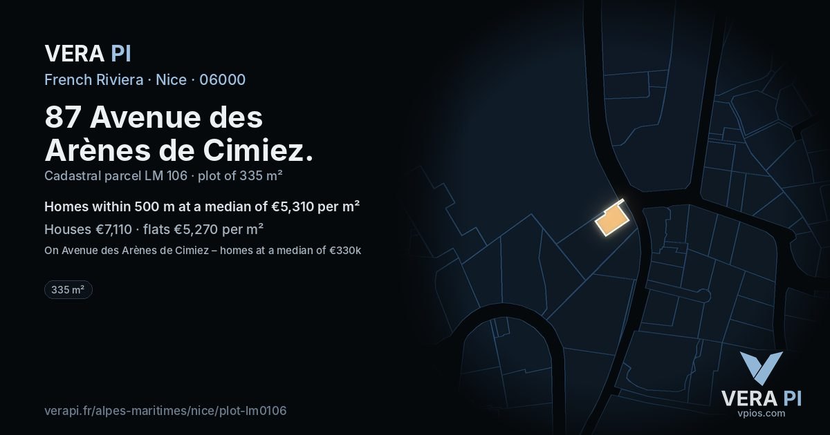 87 Avenue des Arènes de Cimiez, Nice at night – the plot lit, the parcels around coloured by the prices near them
