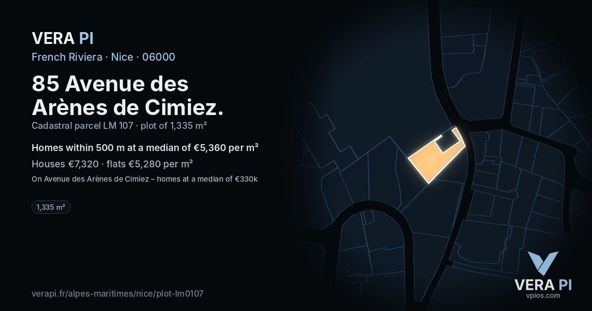 85 Avenue des Arènes de Cimiez, Nice at night – the plot lit, the parcels around coloured by the prices near them