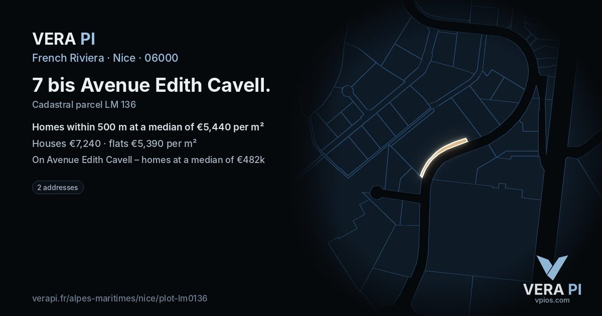 7 bis Avenue Edith Cavell, Nice at night – the plot lit, the parcels around coloured by the prices near them