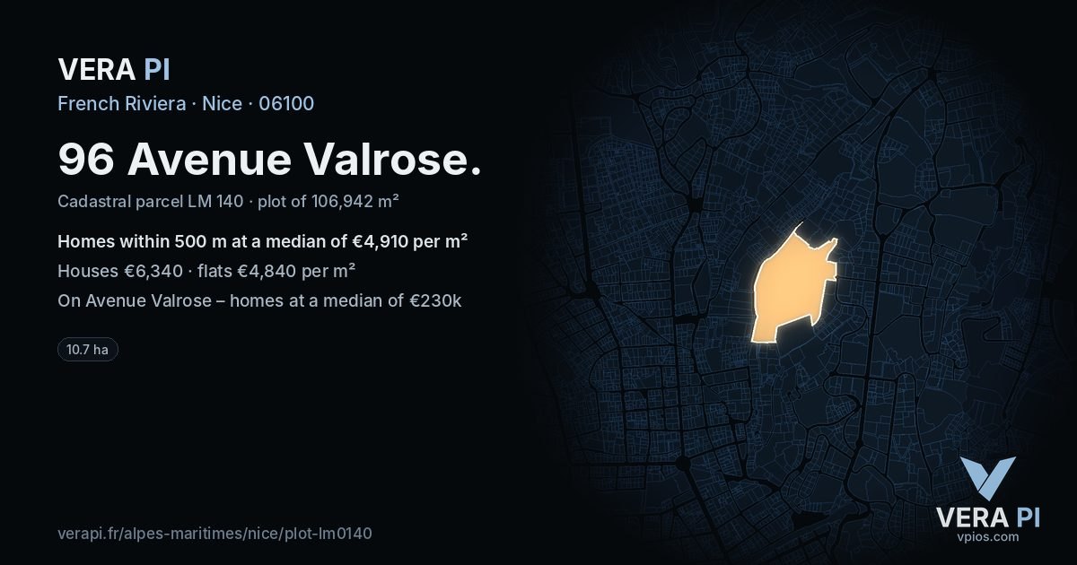 96 Avenue Valrose, Nice at night – the plot lit, the parcels around coloured by the prices near them