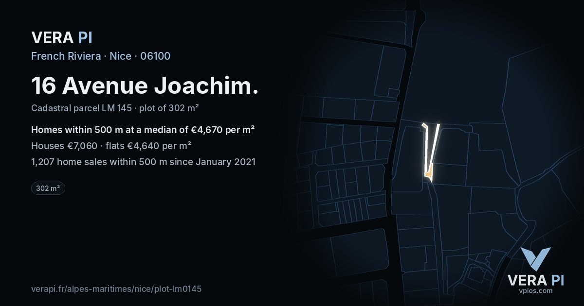 16 Avenue Joachim, Nice at night – the plot lit, the parcels around coloured by the prices near them