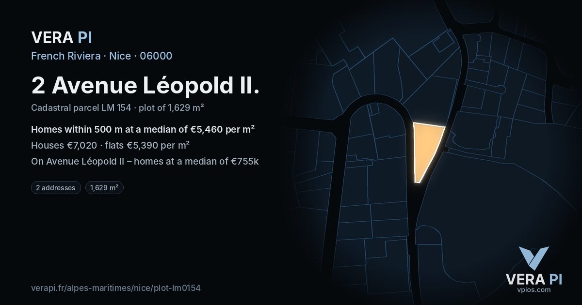 2 Avenue Léopold II, Nice at night – the plot lit, the parcels around coloured by the prices near them