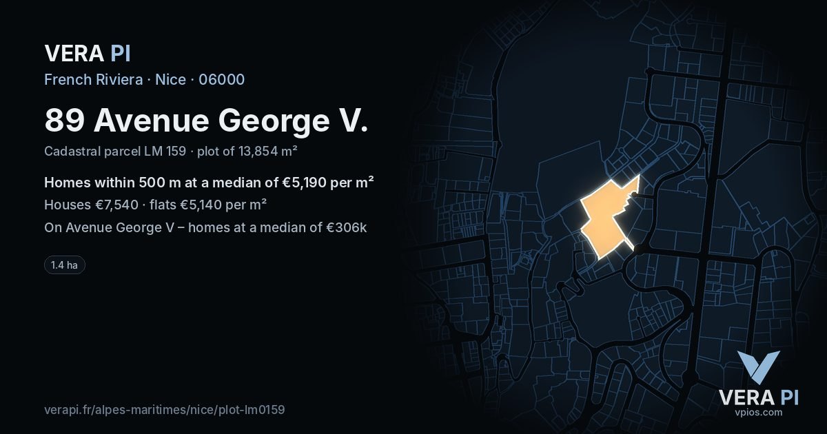 89 Avenue George V, Nice at night – the plot lit, the parcels around coloured by the prices near them