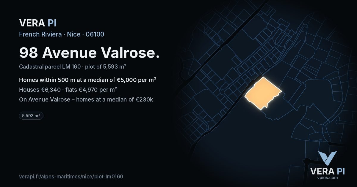 98 Avenue Valrose, Nice at night – the plot lit, the parcels around coloured by the prices near them
