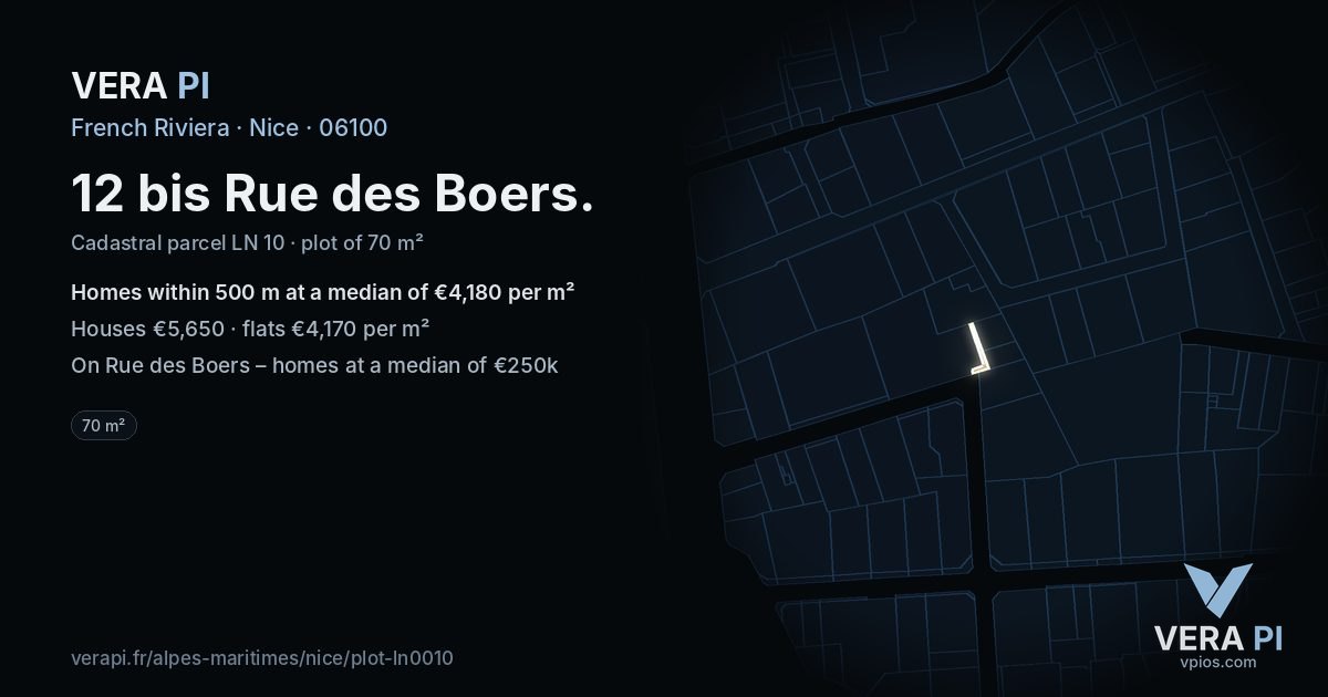 12 bis Rue des Boers, Nice at night – the plot lit, the parcels around coloured by the prices near them