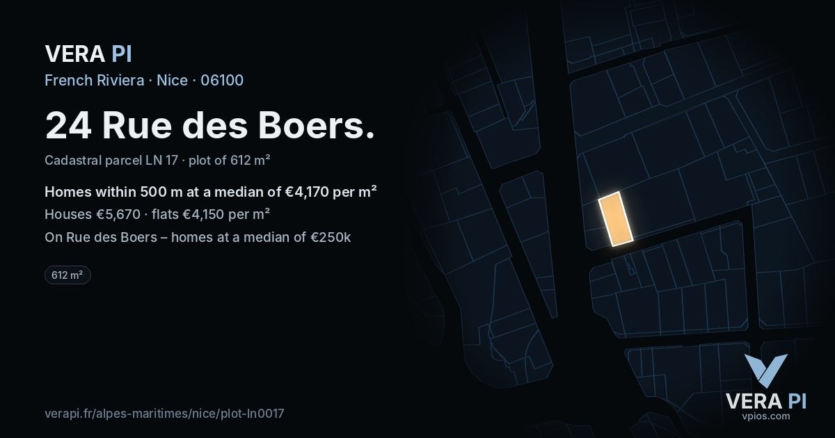 24 Rue des Boers, Nice at night – the plot lit, the parcels around coloured by the prices near them