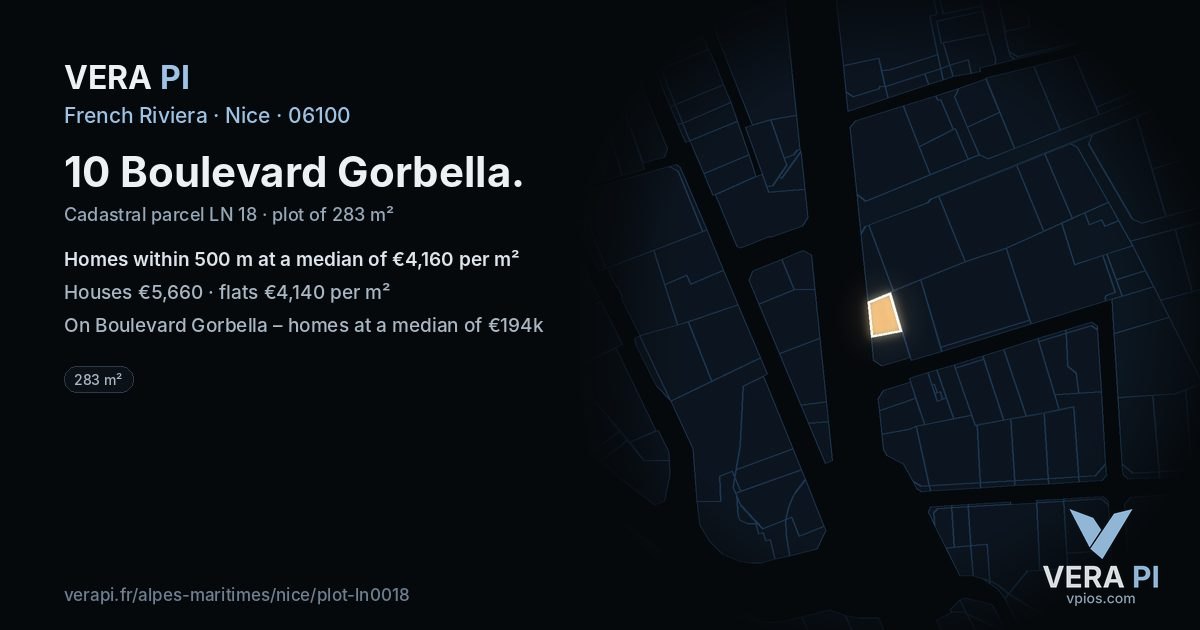 10 Boulevard Gorbella, Nice at night – the plot lit, the parcels around coloured by the prices near them