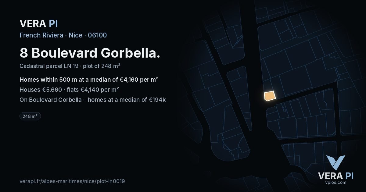 8 Boulevard Gorbella, Nice at night – the plot lit, the parcels around coloured by the prices near them