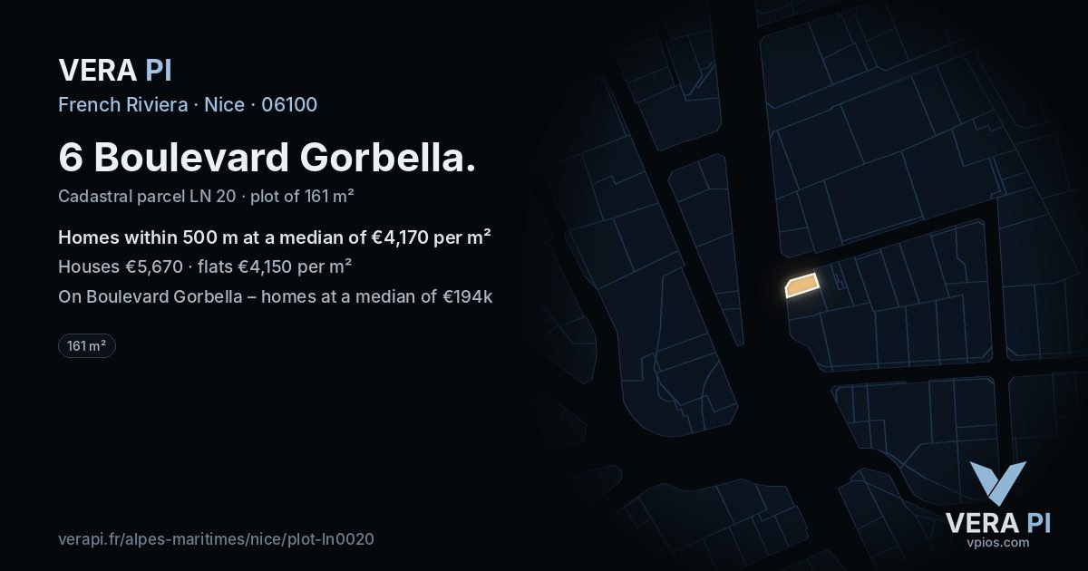 6 Boulevard Gorbella, Nice at night – the plot lit, the parcels around coloured by the prices near them