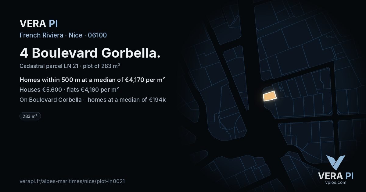 4 Boulevard Gorbella, Nice at night – the plot lit, the parcels around coloured by the prices near them