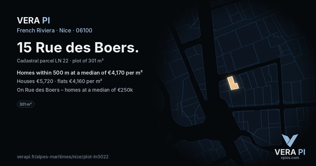 15 Rue des Boers, Nice at night – the plot lit, the parcels around coloured by the prices near them