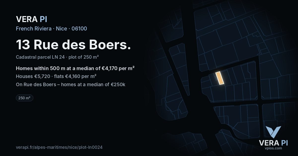 13 Rue des Boers, Nice at night – the plot lit, the parcels around coloured by the prices near them