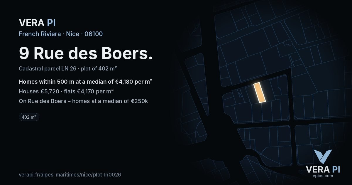 9 Rue des Boers, Nice at night – the plot lit, the parcels around coloured by the prices near them