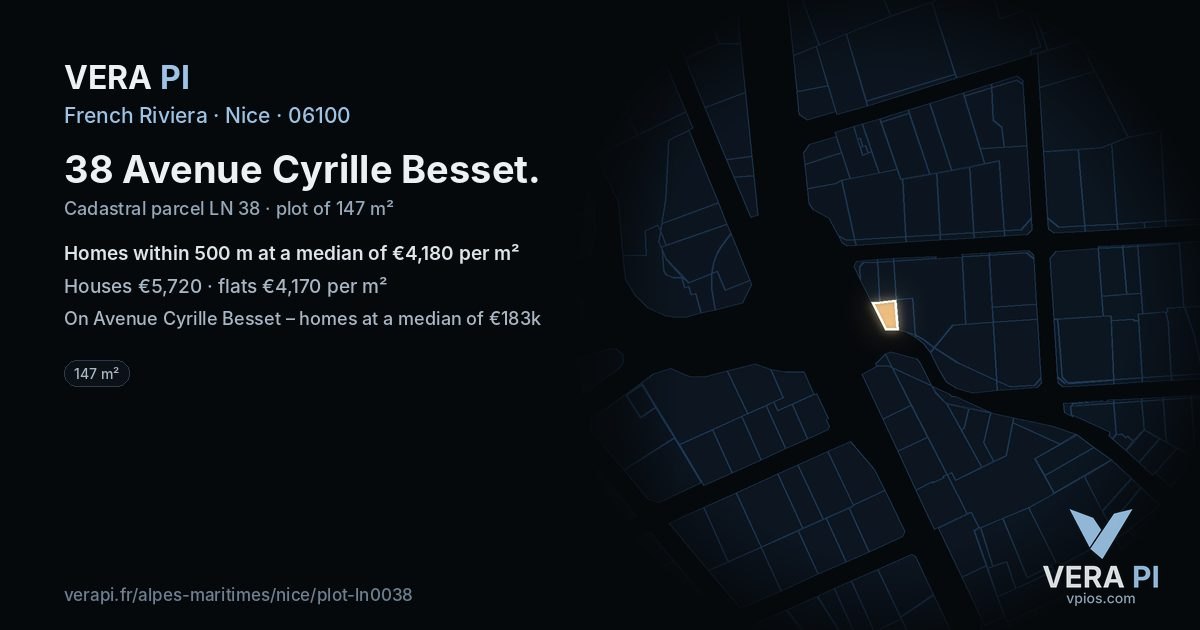 38 Avenue Cyrille Besset, Nice at night – the plot lit, the parcels around coloured by the prices near them