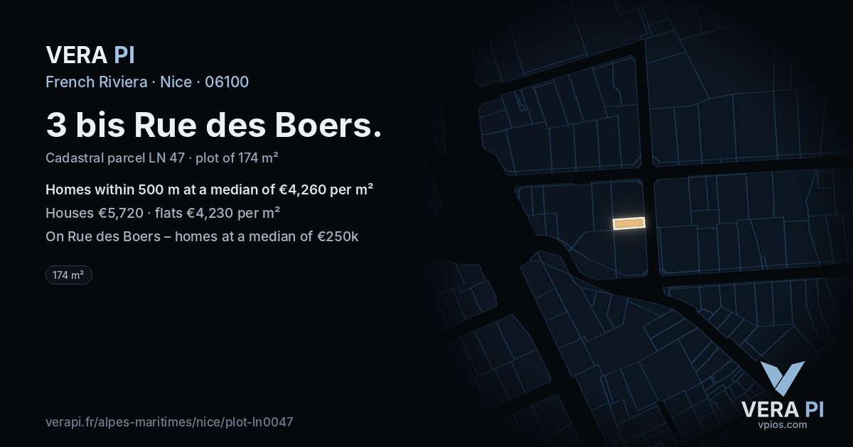 3 bis Rue des Boers, Nice at night – the plot lit, the parcels around coloured by the prices near them