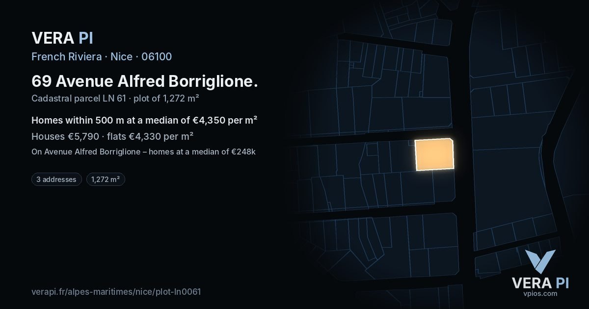 69 Avenue Alfred Borriglione, Nice at night – the plot lit, the parcels around coloured by the prices near them