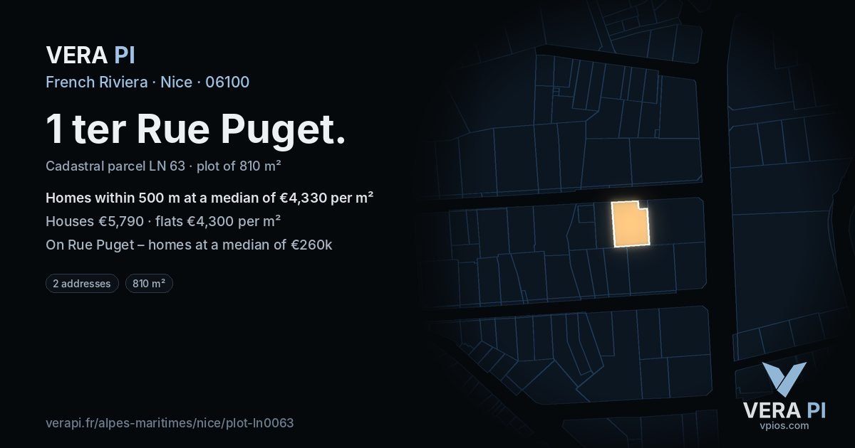 1 ter Rue Puget, Nice at night – the plot lit, the parcels around coloured by the prices near them