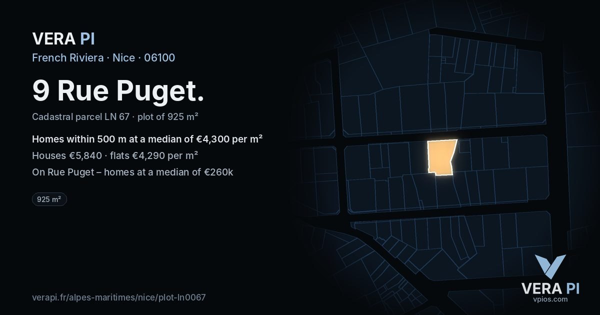 9 Rue Puget, Nice at night – the plot lit, the parcels around coloured by the prices near them