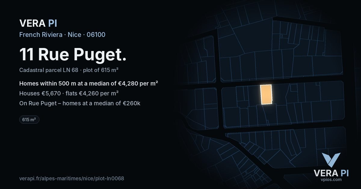 11 Rue Puget, Nice at night – the plot lit, the parcels around coloured by the prices near them