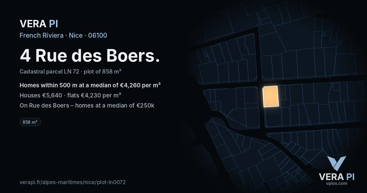 4 Rue des Boers, Nice at night – the plot lit, the parcels around coloured by the prices near them