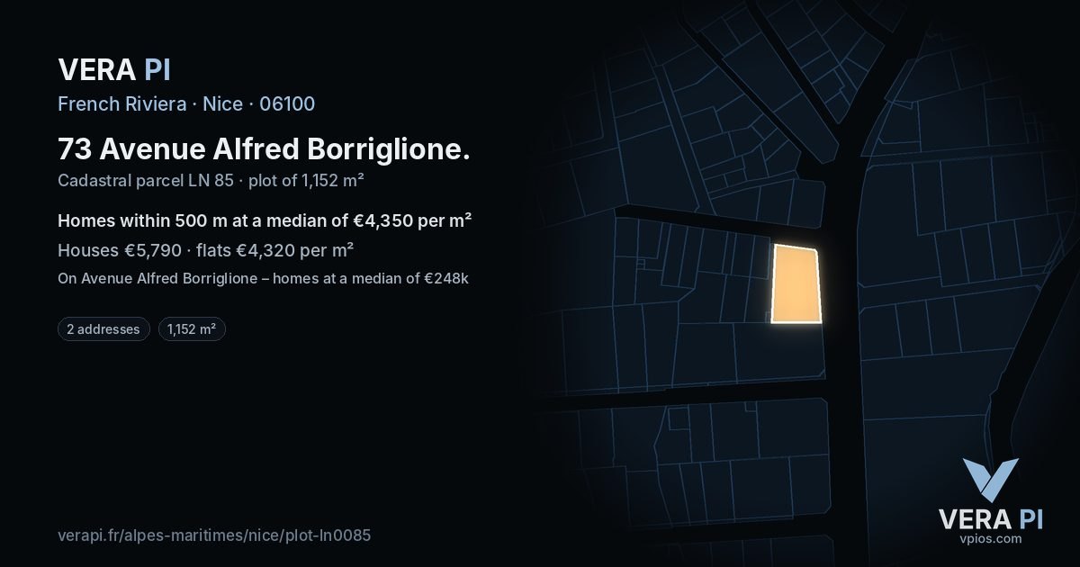 73 Avenue Alfred Borriglione, Nice at night – the plot lit, the parcels around coloured by the prices near them