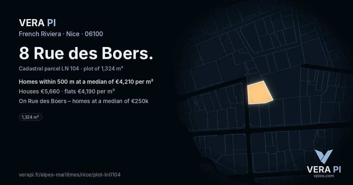 8 Rue des Boers, Nice at night – the plot lit, the parcels around coloured by the prices near them