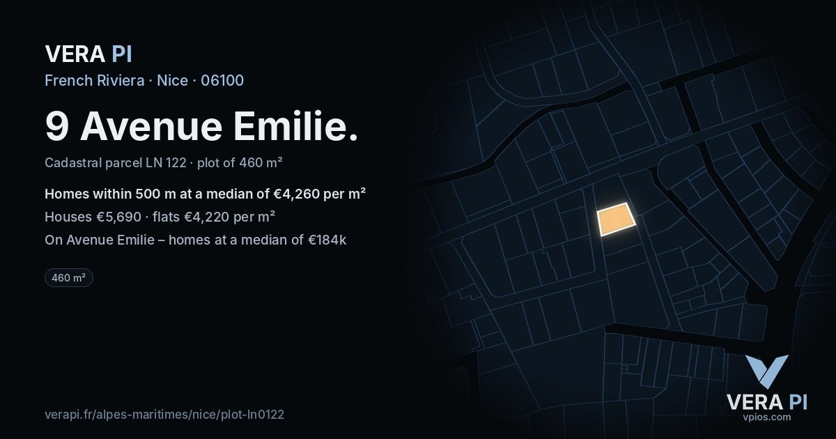 9 Avenue Emilie, Nice at night – the plot lit, the parcels around coloured by the prices near them