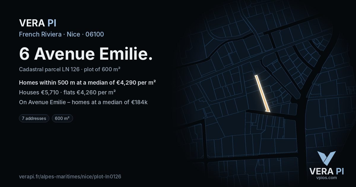 6 Avenue Emilie, Nice at night – the plot lit, the parcels around coloured by the prices near them