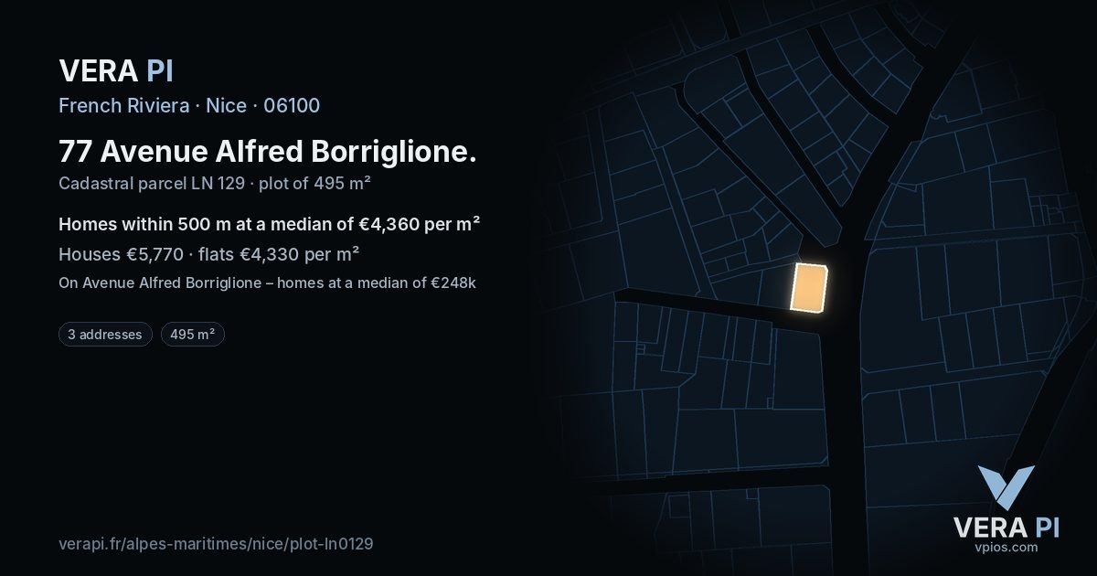 77 Avenue Alfred Borriglione, Nice at night – the plot lit, the parcels around coloured by the prices near them