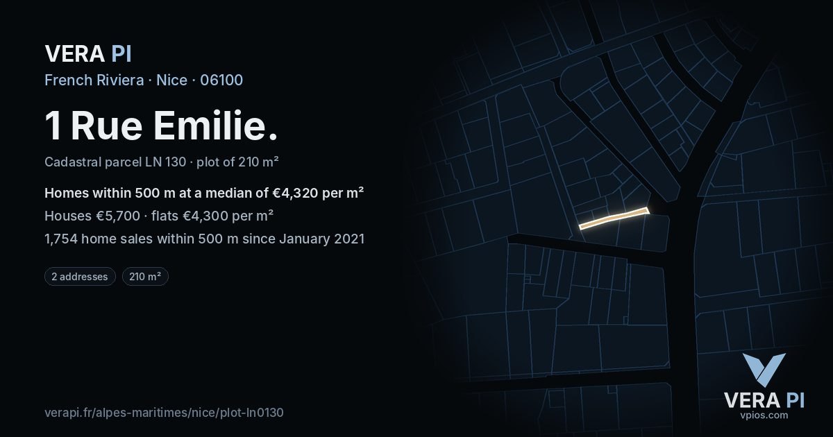 1 Rue Emilie, Nice at night – the plot lit, the parcels around coloured by the prices near them