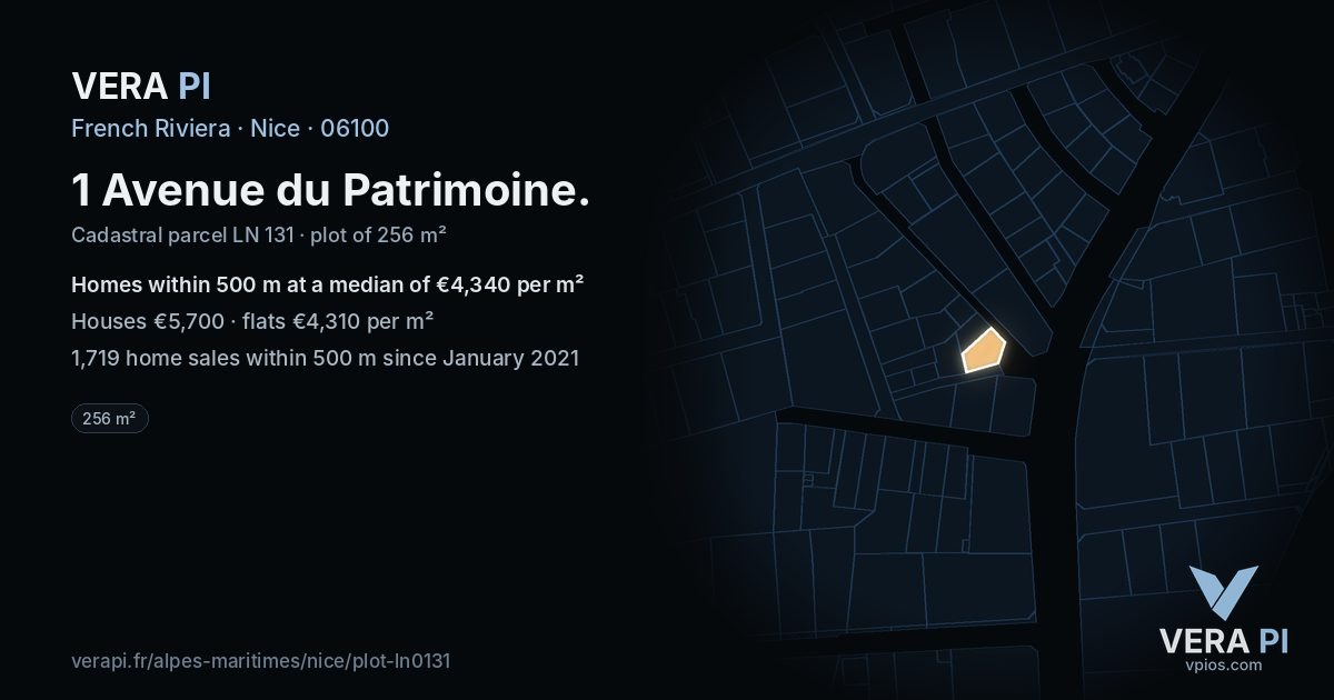 1 Avenue du Patrimoine, Nice at night – the plot lit, the parcels around coloured by the prices near them