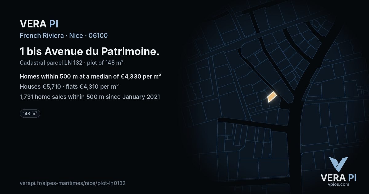 1 bis Avenue du Patrimoine, Nice at night – the plot lit, the parcels around coloured by the prices near them